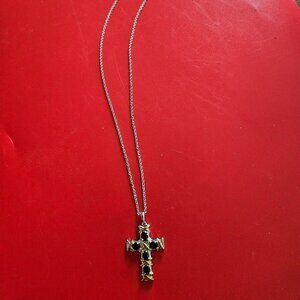 thai black spinel cross pendent with stainless steel chain in box new
